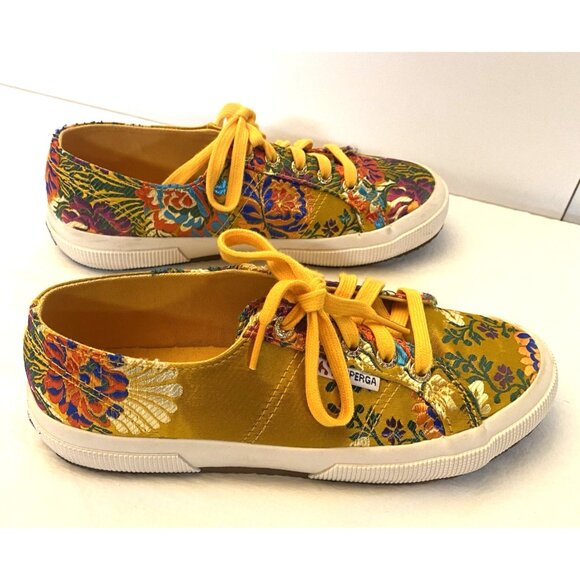 Superga W's 7.5 EU 38 Yellow Gold Satin Korelaw Floral Embroidered Sneakers EUC - Picture 3 of 7